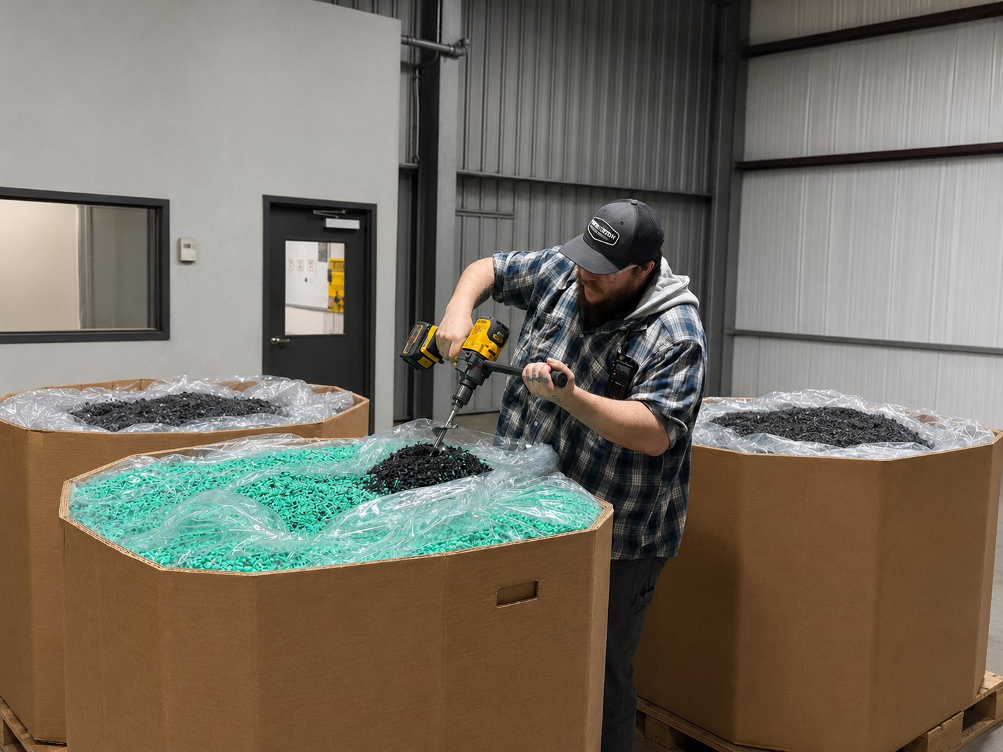 PRI operator performing inbound QC on recycled material
