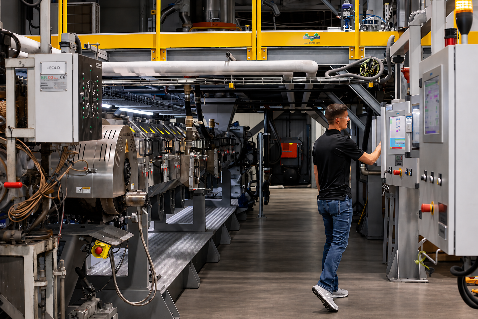 Operator running the compounding extrusion line at the control panel